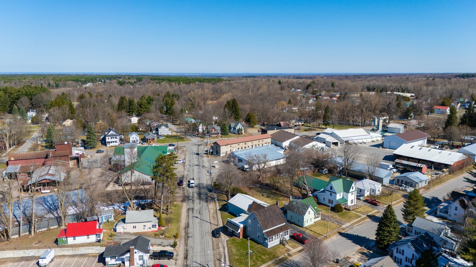 Aerial drone frame over a North Country village