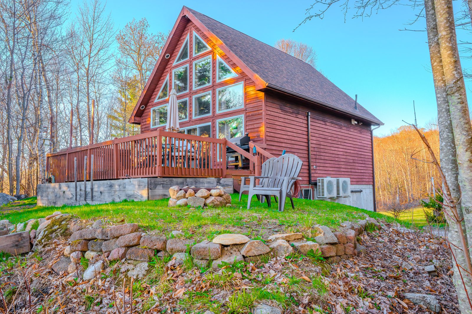 A-frame cabin with deck
